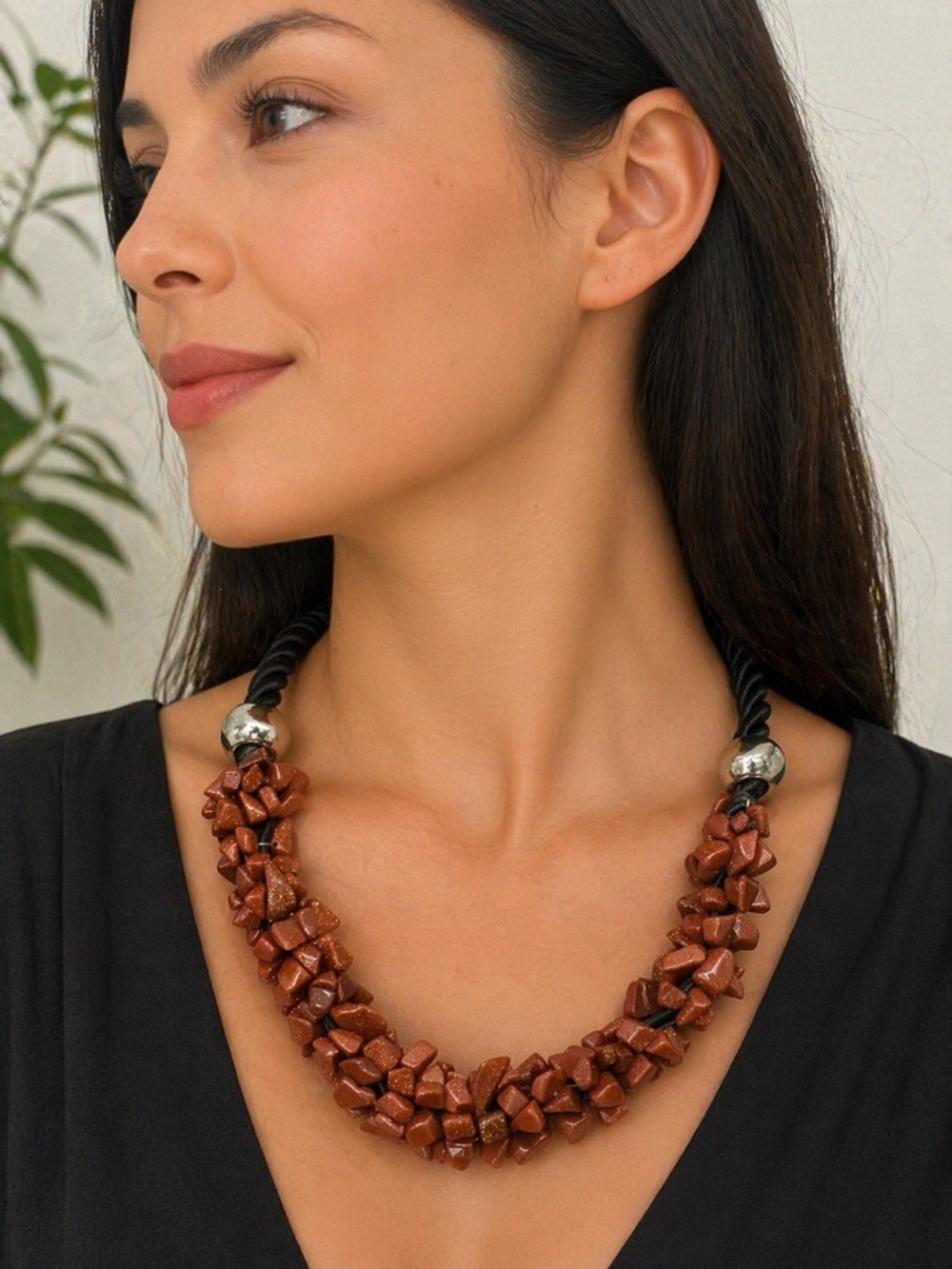 Goldstone Cluster Statement Necklace - Women Jewelry